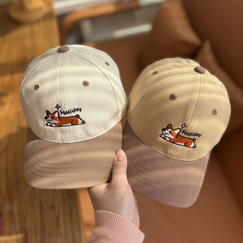 Dječja pamukasta kapa za baseball, unisex, s cartoon izvezenim corgi psom, zaštita od sunca, zaobljena kruna, zakrivljeni rub, mogućnost logotipa