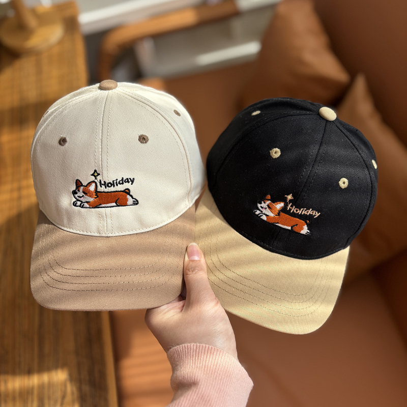 Dječja pamukasta kapa za baseball, unisex, s cartoon izvezenim corgi psom, zaštita od sunca, zaobljena kruna, zakrivljeni rub, mogućnost logotipa