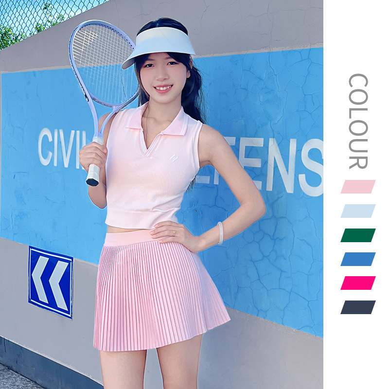 Visokoelastični set za trčanje i tenis s plisiranom suknjom u akordeonskom stilu, top za jogu, polo majica i sportski grudnjak s fiksnim košaricama i lijepim leđima