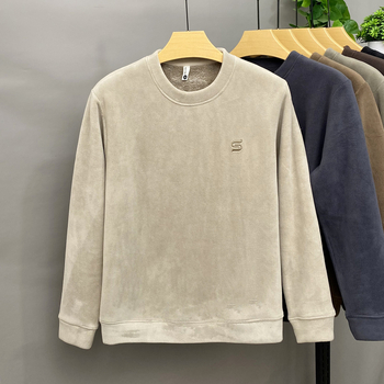 Férfi téli vastag fleece-béléssel ellátott pulóver, kerek nyakú
