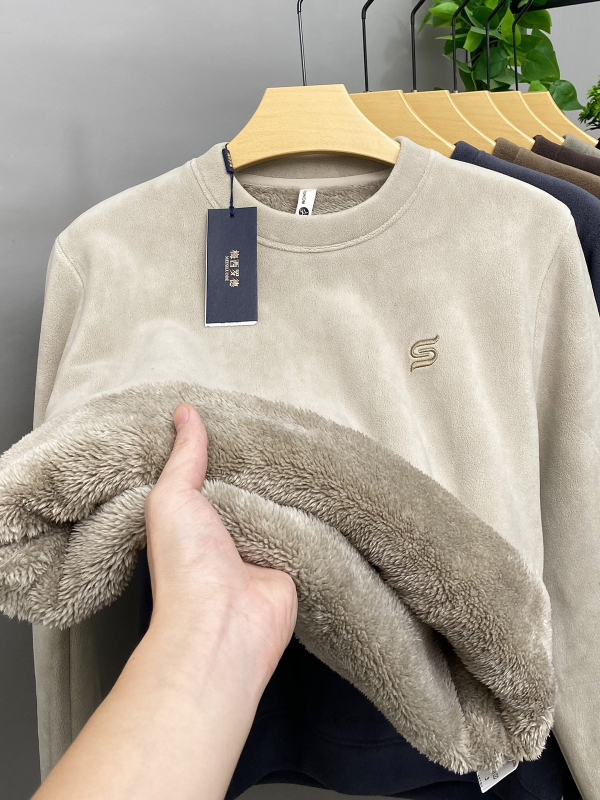 Férfi téli vastag fleece-béléssel ellátott pulóver, kerek nyakú