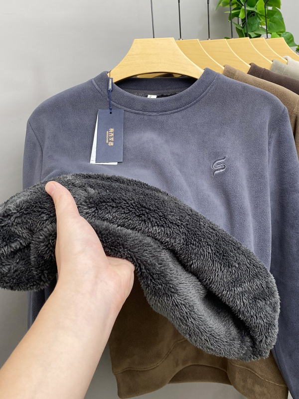 Férfi téli vastag fleece-béléssel ellátott pulóver, kerek nyakú