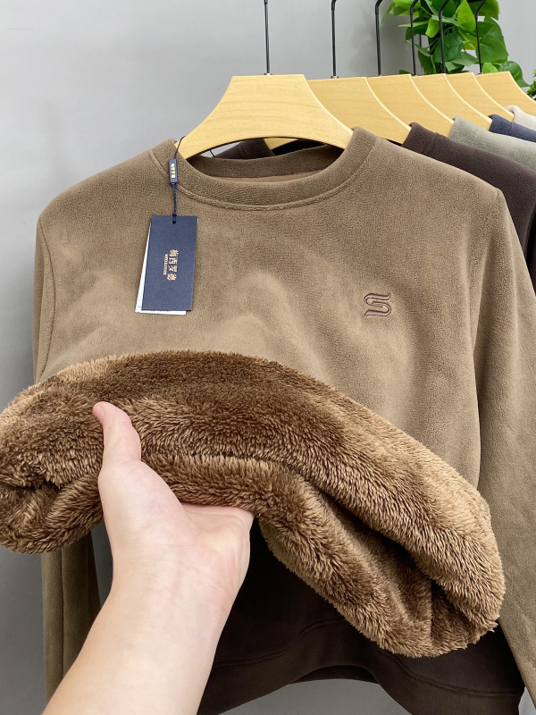 Férfi téli vastag fleece-béléssel ellátott pulóver, kerek nyakú