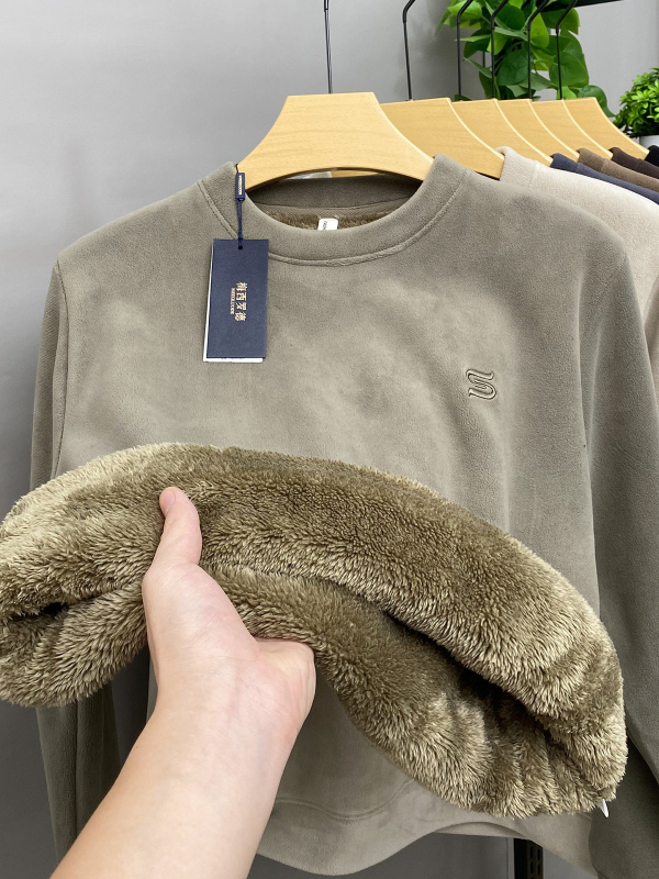 Férfi téli vastag fleece-béléssel ellátott pulóver, kerek nyakú