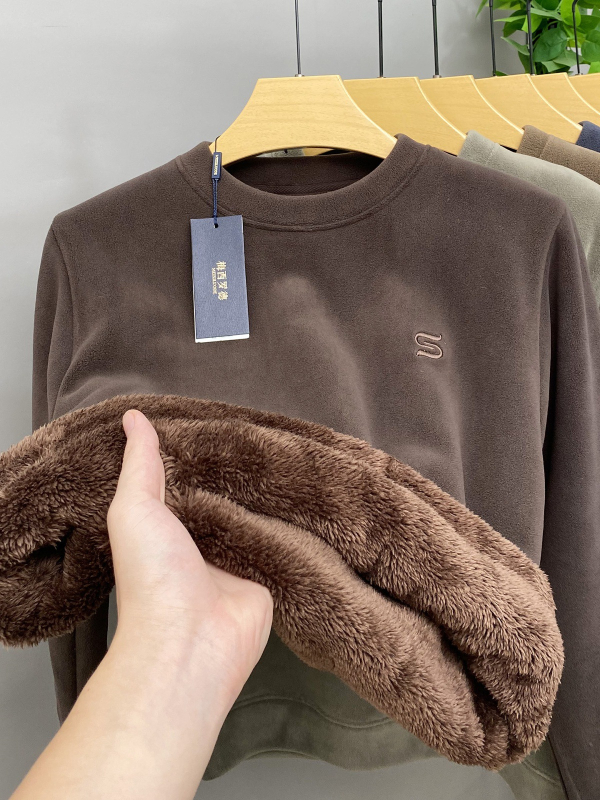 Férfi téli vastag fleece-béléssel ellátott pulóver, kerek nyakú