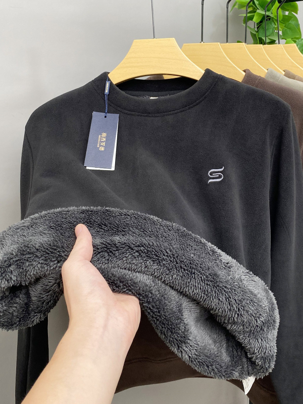 Férfi téli vastag fleece-béléssel ellátott pulóver, kerek nyakú