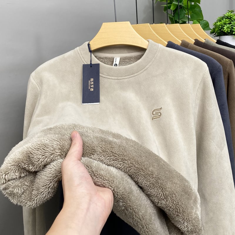 Férfi téli vastag fleece-béléssel ellátott pulóver, kerek nyakú