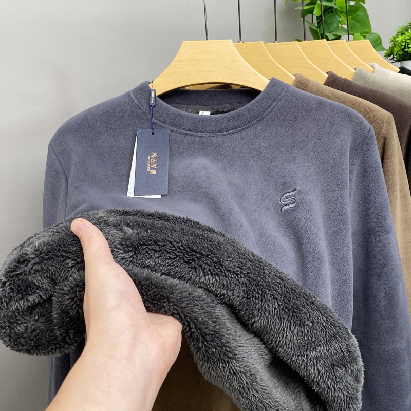 Férfi téli vastag fleece-béléssel ellátott pulóver, kerek nyakú