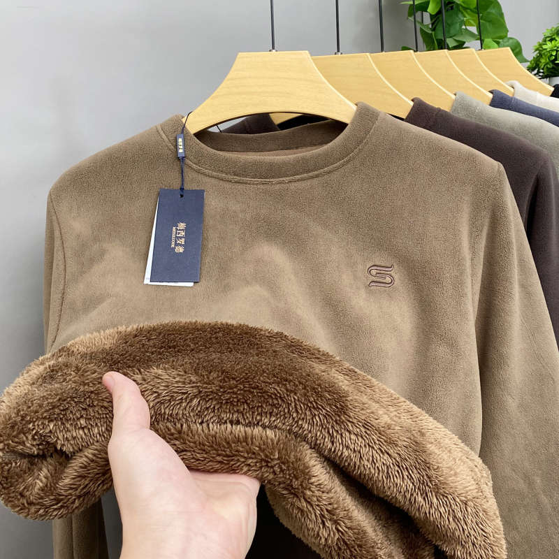 Férfi téli vastag fleece-béléssel ellátott pulóver, kerek nyakú