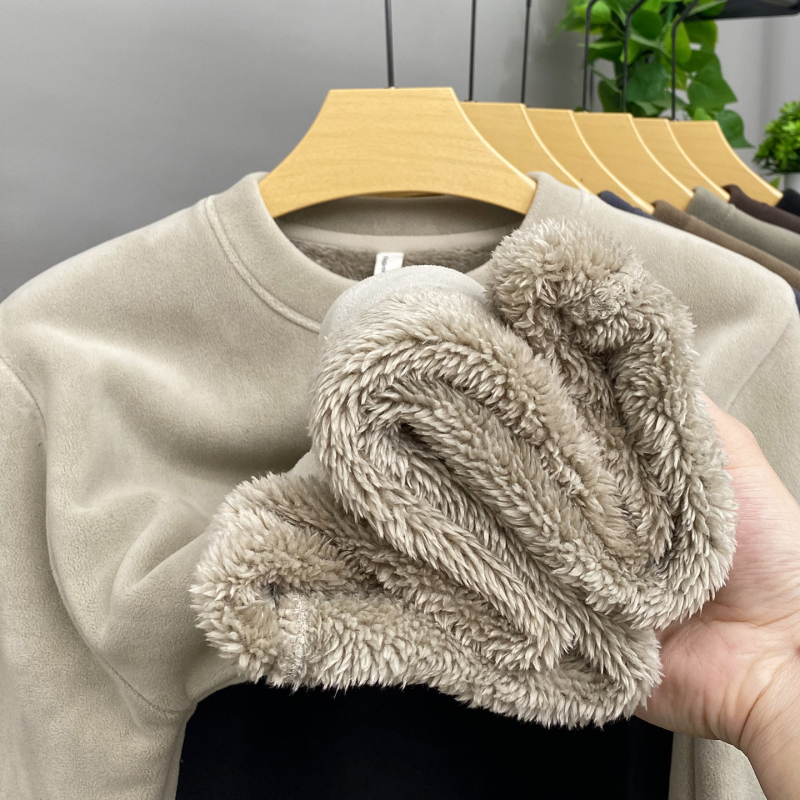 Férfi téli vastag fleece-béléssel ellátott pulóver, kerek nyakú