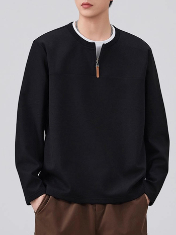 Férfi félzipzáras pulóver fleece béléses, kerek nyakú, hosszú ujjú, őszi–téli casual réteg