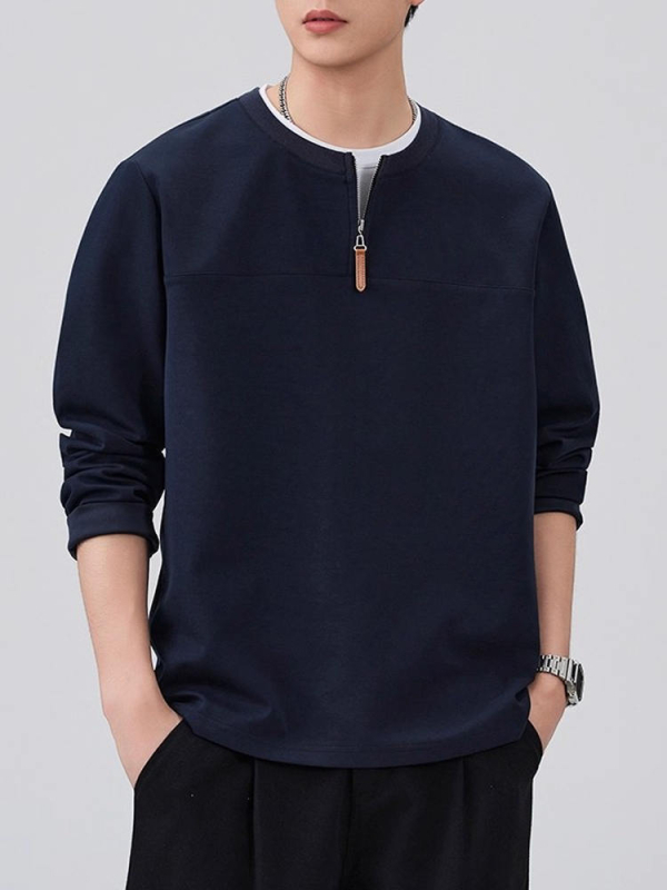 Férfi félzipzáras pulóver fleece béléses, kerek nyakú, hosszú ujjú, őszi–téli casual réteg