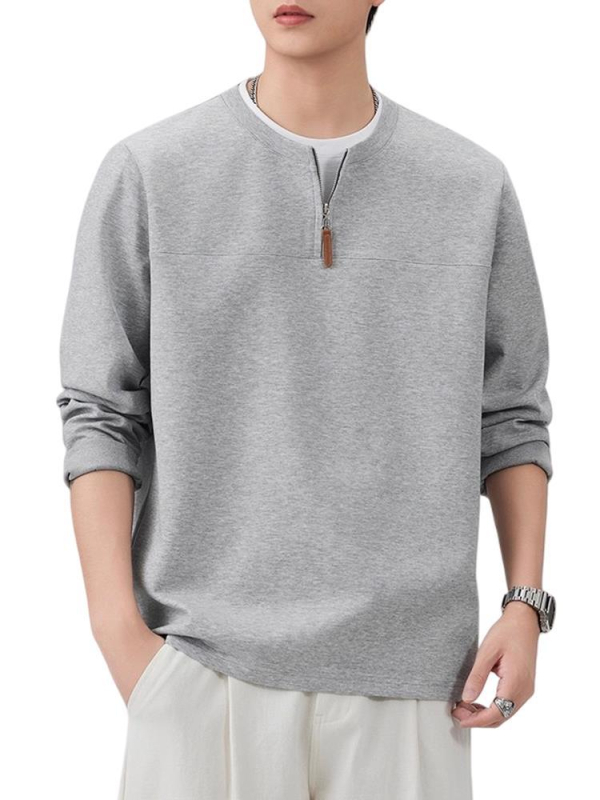 Férfi félzipzáras pulóver fleece béléses, kerek nyakú, hosszú ujjú, őszi–téli casual réteg