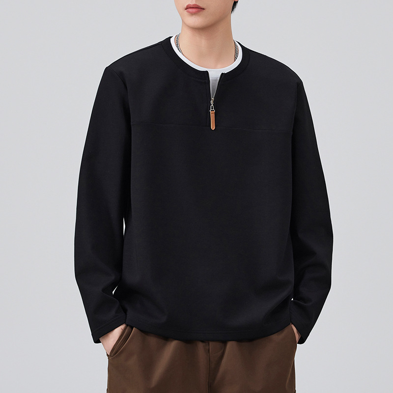 Férfi félzipzáras pulóver fleece béléses, kerek nyakú, hosszú ujjú, őszi–téli casual réteg