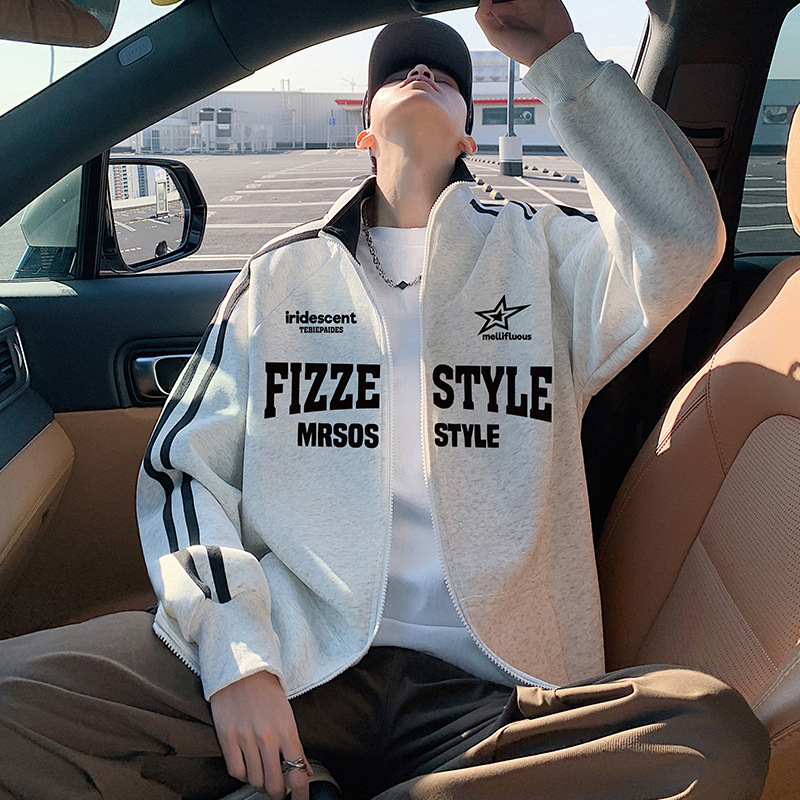Férfiaknak szóló amerikai stílusú, nehéz kardigán zipzárral, fleece béléssel, laza szabású, álló gallér, őszi-téli