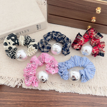 Korejski stil, slatke perle, platneni karirani scrunchie za rep, visoka elastičnost, elegantan izgled