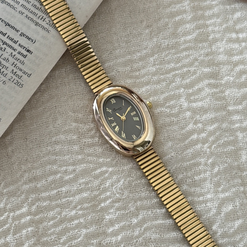 Ženski sat s ovalnim brojčanikom, moderan kvarc, zlatni ton kućišta, nehrđajući čelični remen, vintage stil, za svakodnevno nošenje