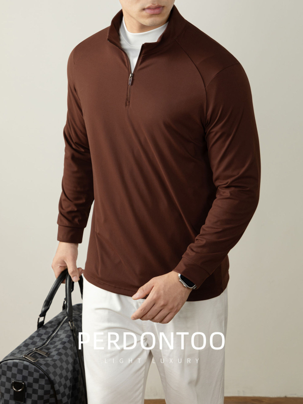 Rugalmas, elegáns üzleti polo nylon anyagból, hosszú ujjú, fél-zip és állógallér, egyszínű, gyorsan száradó.