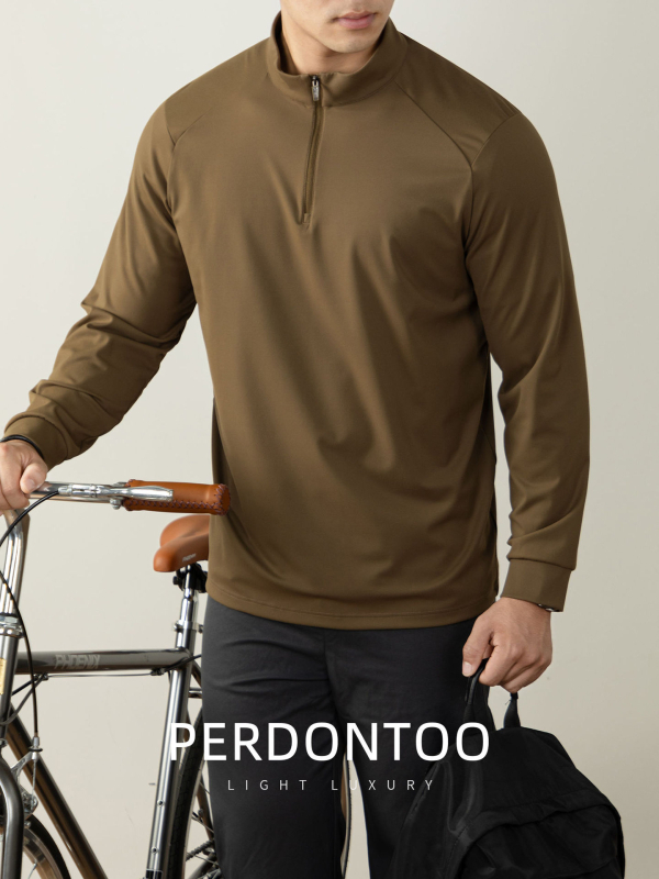 Rugalmas, elegáns üzleti polo nylon anyagból, hosszú ujjú, fél-zip és állógallér, egyszínű, gyorsan száradó.