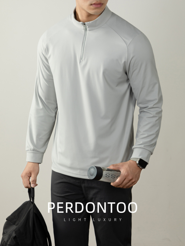 Rugalmas, elegáns üzleti polo nylon anyagból, hosszú ujjú, fél-zip és állógallér, egyszínű, gyorsan száradó.
