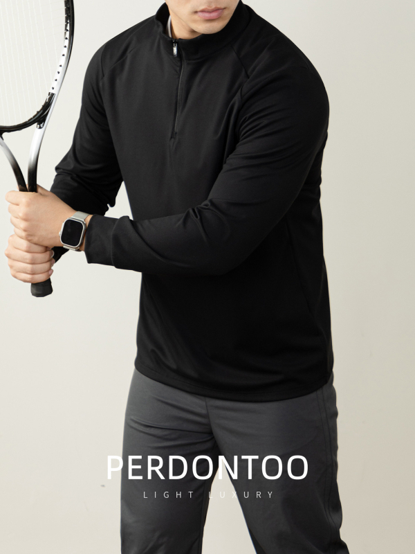 Rugalmas, elegáns üzleti polo nylon anyagból, hosszú ujjú, fél-zip és állógallér, egyszínű, gyorsan száradó.