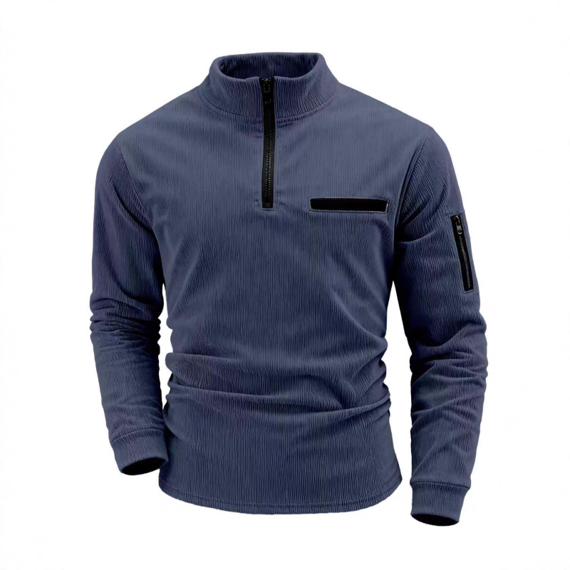 Corduroy csíkos polo férfiaknak, hosszú ujjú, laza fazon, cipzárral