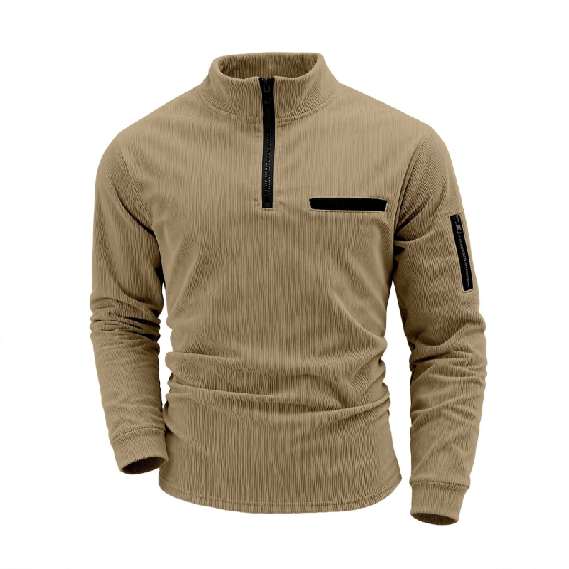 Corduroy csíkos polo férfiaknak, hosszú ujjú, laza fazon, cipzárral