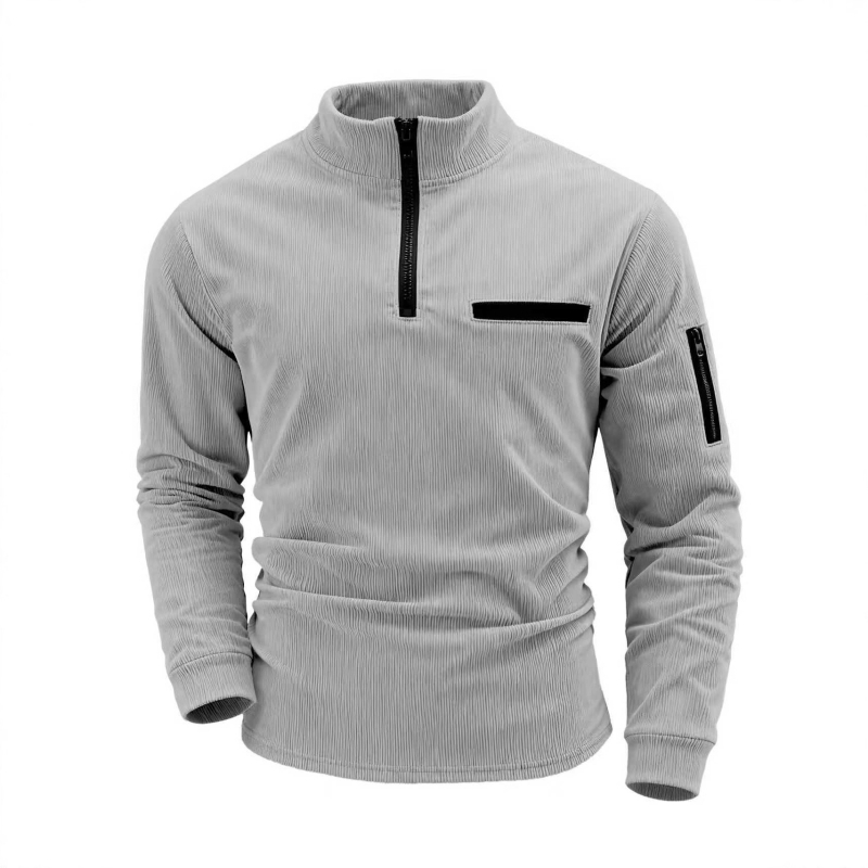 Corduroy csíkos polo férfiaknak, hosszú ujjú, laza fazon, cipzárral