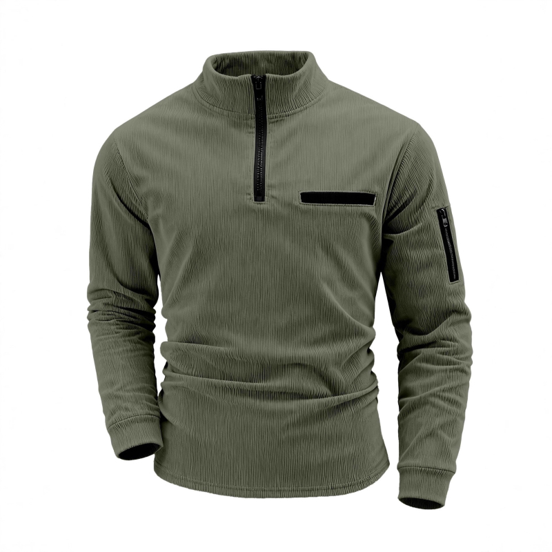 Corduroy csíkos polo férfiaknak, hosszú ujjú, laza fazon, cipzárral