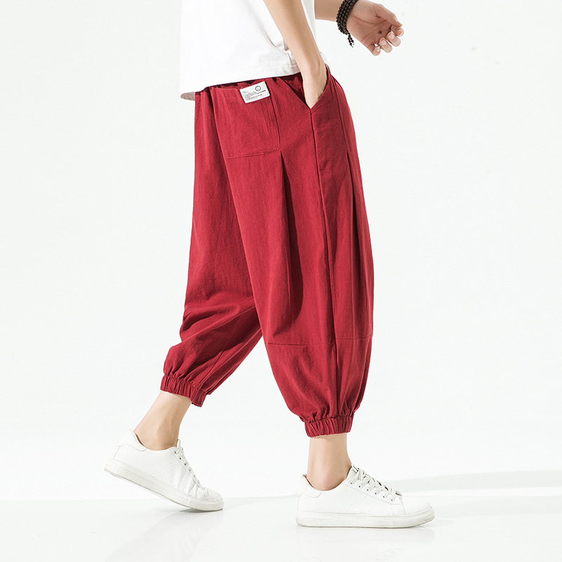 Kínai stílusú férfi lennadrág, rövidített szabás, laza szabás, haremszerű stílus, mindennapi nadrág
