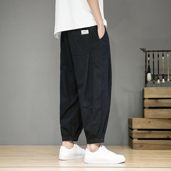 Muške lagane cropped jogger hlače od pamuk-lin mješavine, visok pojas, ravni kroj, svakodnevno za proljeće i ljeto