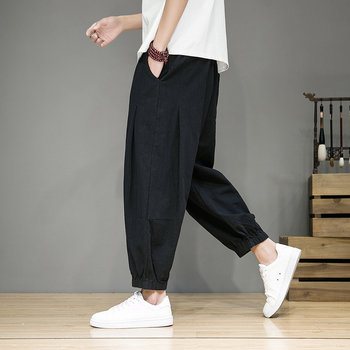 Muške lagane cropped jogger hlače od pamuk-lin mješavine, visok pojas, ravni kroj, svakodnevno za proljeće i ljeto