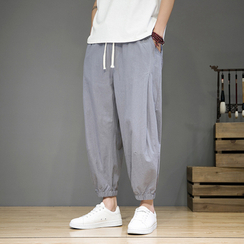 Muške lagane cropped jogger hlače od pamuk-lin mješavine, visok pojas, ravni kroj, svakodnevno za proljeće i ljeto
