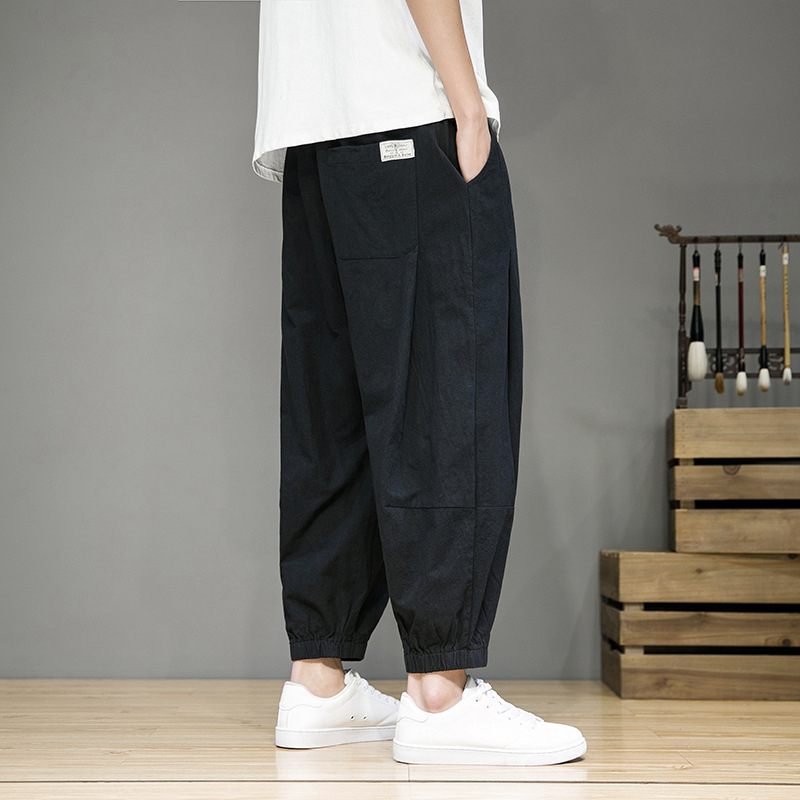 Muške lagane cropped jogger hlače od pamuk-lin mješavine, visok pojas, ravni kroj, svakodnevno za proljeće i ljeto
