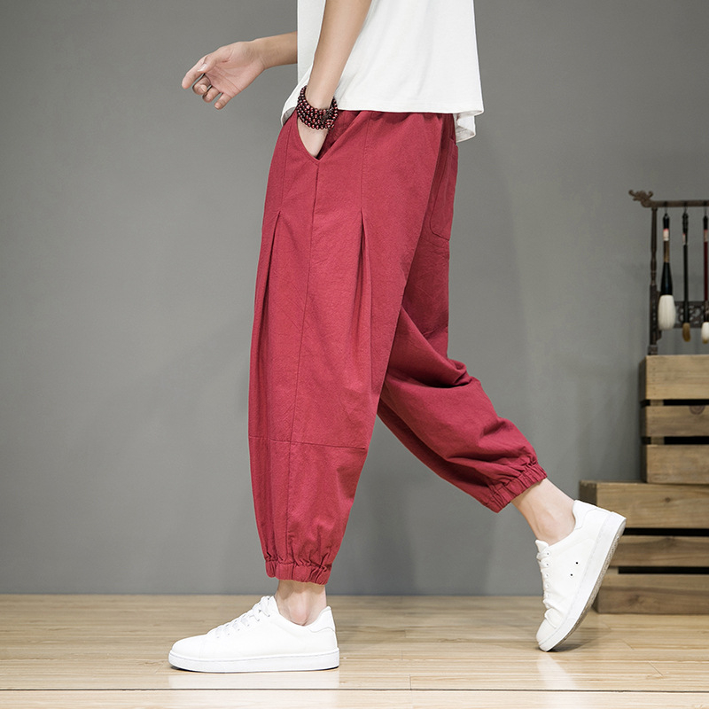 Muške lagane cropped jogger hlače od pamuk-lin mješavine, visok pojas, ravni kroj, svakodnevno za proljeće i ljeto