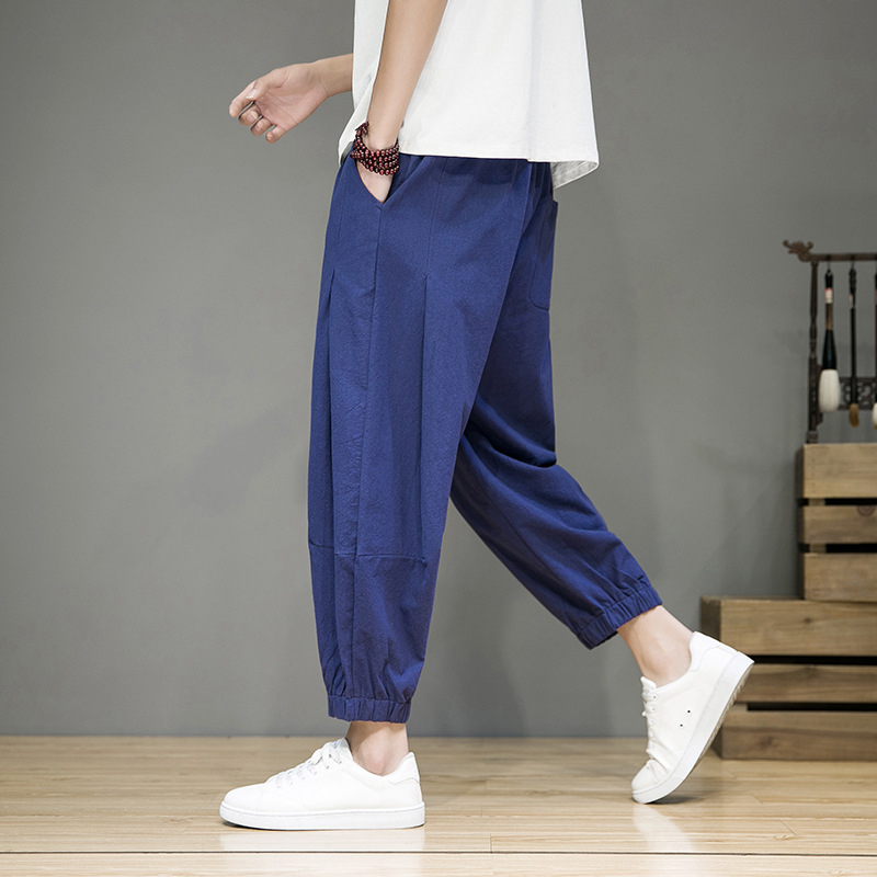 Muške lagane cropped jogger hlače od pamuk-lin mješavine, visok pojas, ravni kroj, svakodnevno za proljeće i ljeto