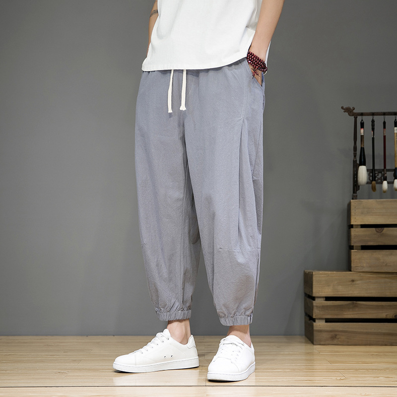Muške lagane cropped jogger hlače od pamuk-lin mješavine, visok pojas, ravni kroj, svakodnevno za proljeće i ljeto