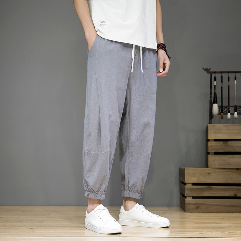 Muške lagane cropped jogger hlače od pamuk-lin mješavine, visok pojas, ravni kroj, svakodnevno za proljeće i ljeto