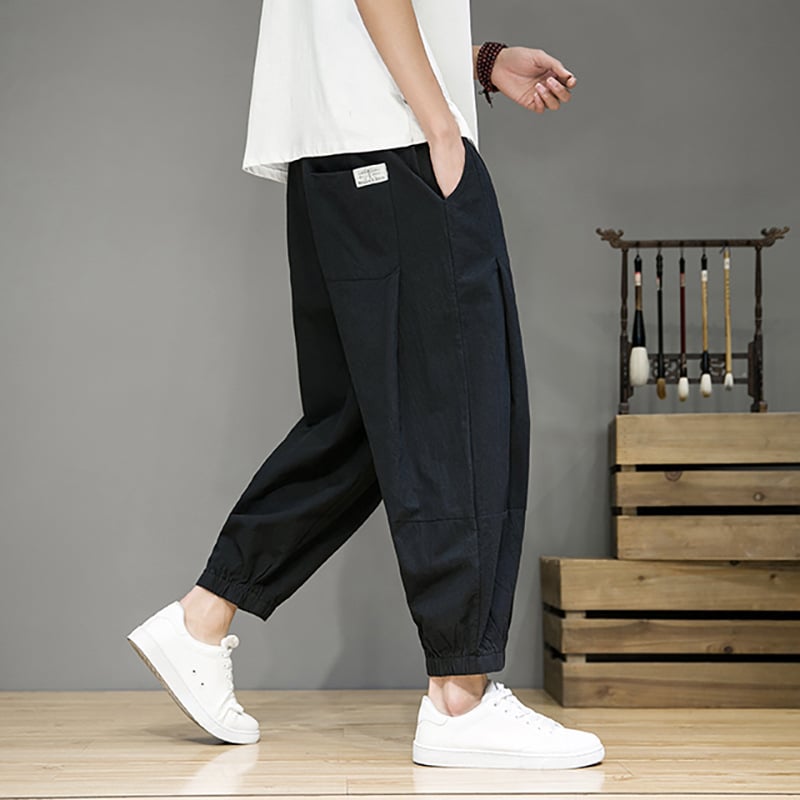Muške lagane cropped jogger hlače od pamuk-lin mješavine, visok pojas, ravni kroj, svakodnevno za proljeće i ljeto