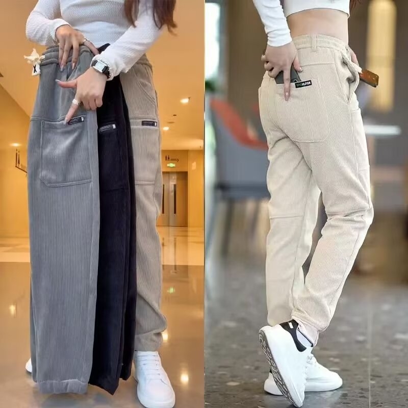 Muške casual hlače od korduroja s fleece podstavom, opuštenog kroja, šest džepova, duge, za jesen-zimu