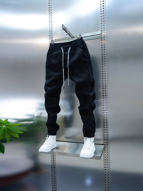 Muške sportske hlače s fleece materijalom za jesen-zimu, opuštenog kroja, vertikalne pruge, jogger stil, za svakodnevno nošenje