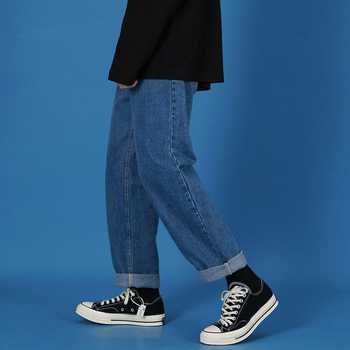 Hongkong-stílusú férfi farmernadrág, lazán szabott, széles szárú, trendi denim minden évszakra