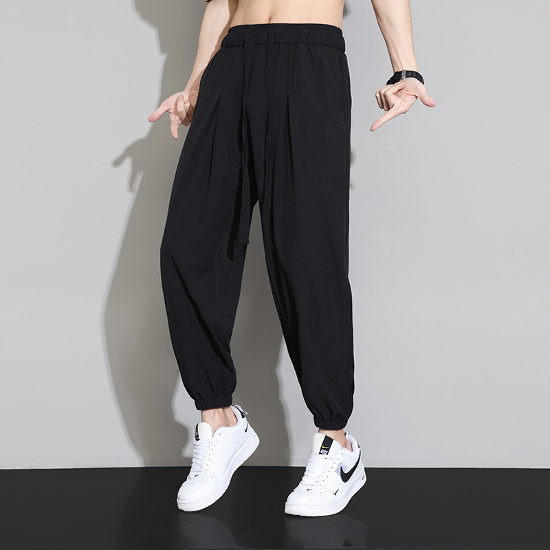 M-8XL Muške Ice Silk hlače, lagane ljetne cropped hlače sa vezicom, japanski streetwear stil