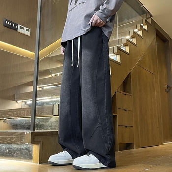 Férfi denim nadrág fleece-beléssel, téli egyenes szabás, laza mindennapi fazon