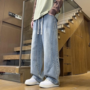 Férfi denim nadrág fleece-beléssel, téli egyenes szabás, laza mindennapi fazon