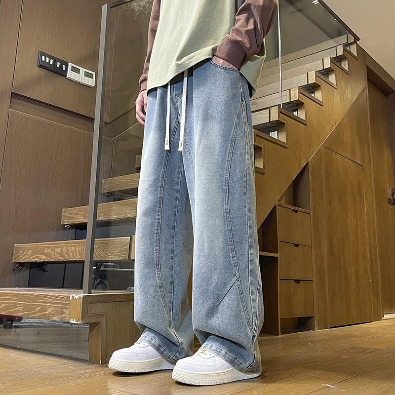 Férfi denim nadrág fleece-beléssel, téli egyenes szabás, laza mindennapi fazon