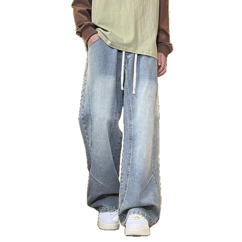 Férfi denim nadrág fleece-beléssel, téli egyenes szabás, laza mindennapi fazon