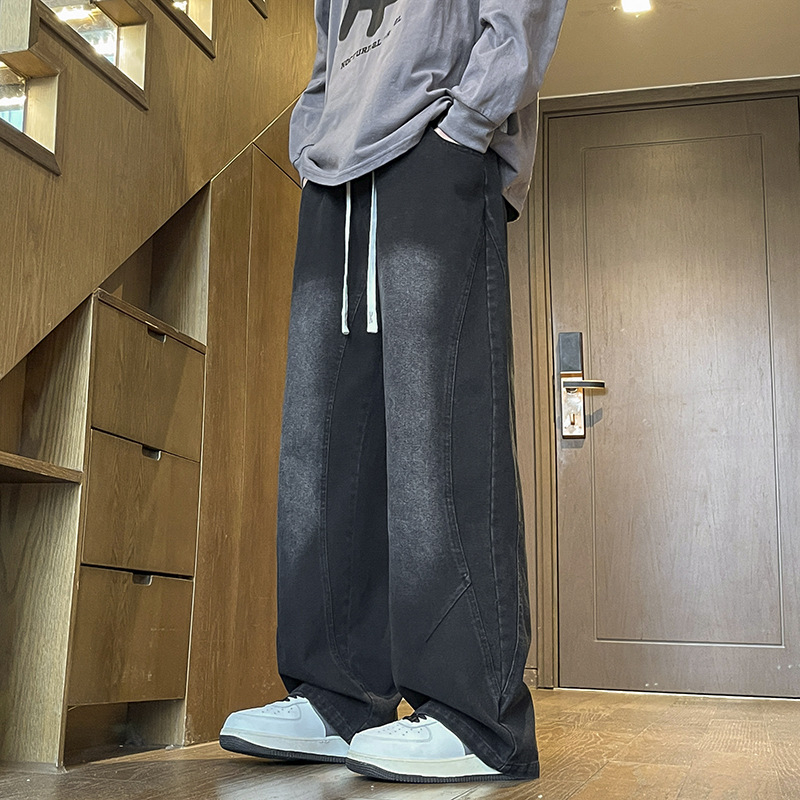 Férfi denim nadrág fleece-beléssel, téli egyenes szabás, laza mindennapi fazon