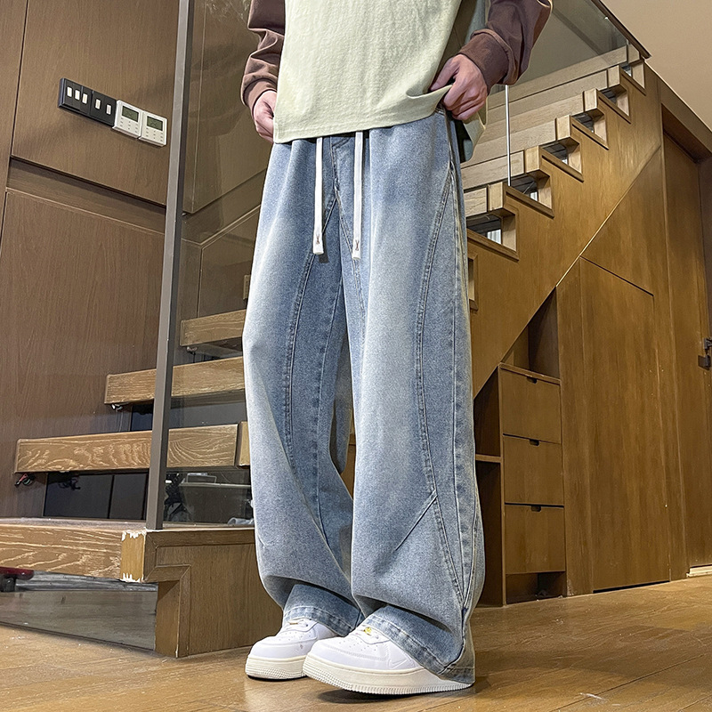 Férfi denim nadrág fleece-beléssel, téli egyenes szabás, laza mindennapi fazon