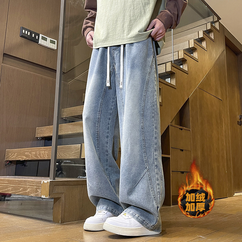 Férfi denim nadrág fleece-beléssel, téli egyenes szabás, laza mindennapi fazon